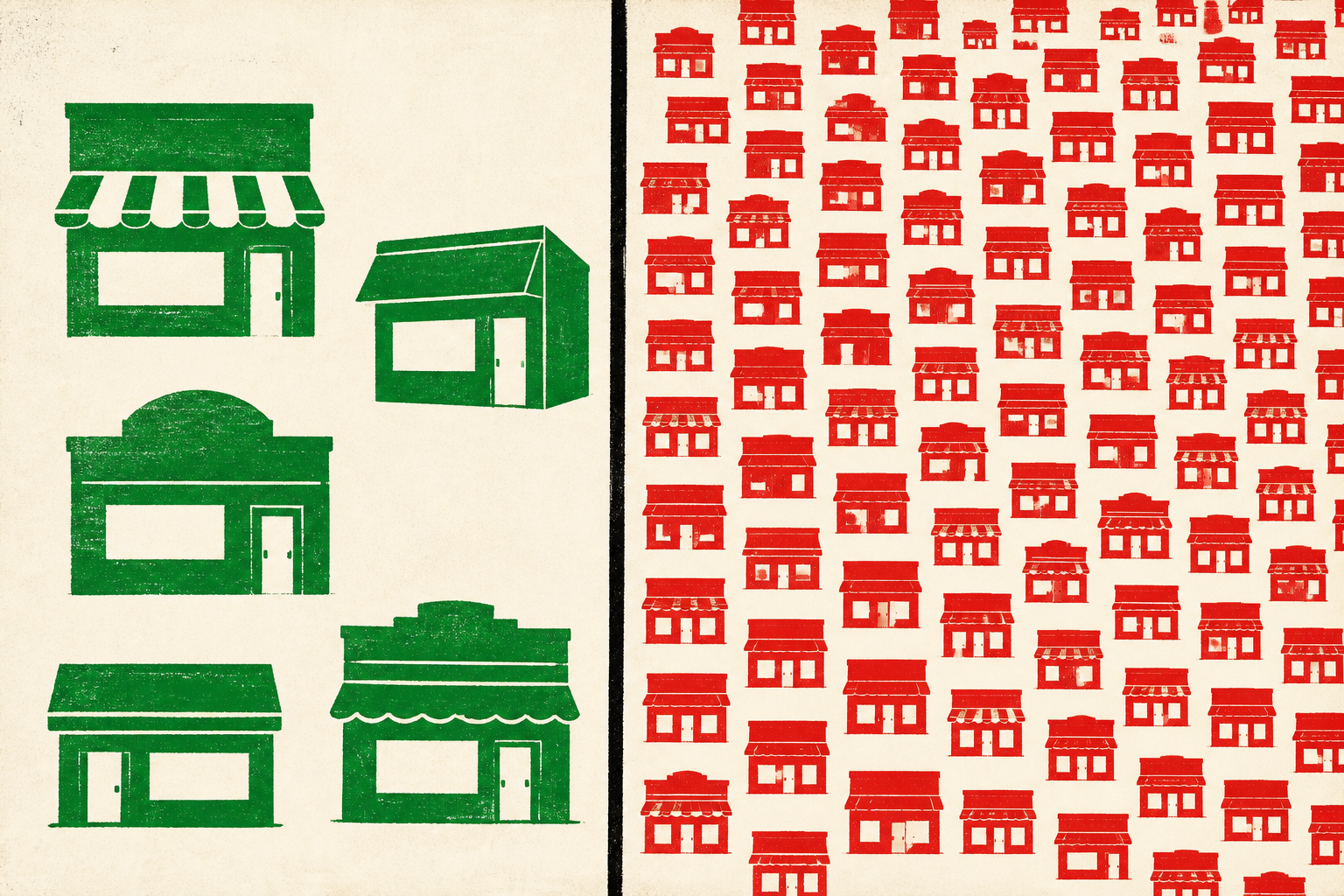 Five green storefronts contrasted with a larger group of red storefronts